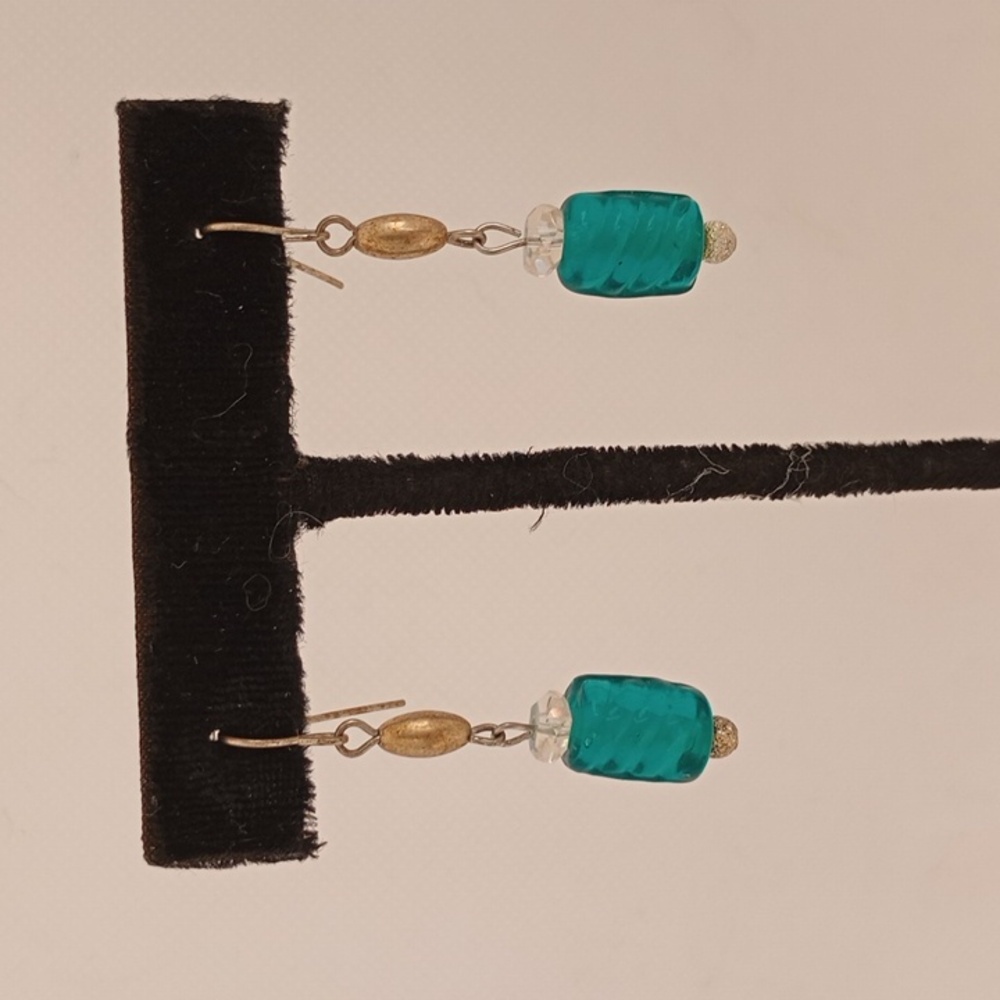 Handmade Silver and Teal Green Earrings Dangle Hoop Casual Everyday Gift Bright